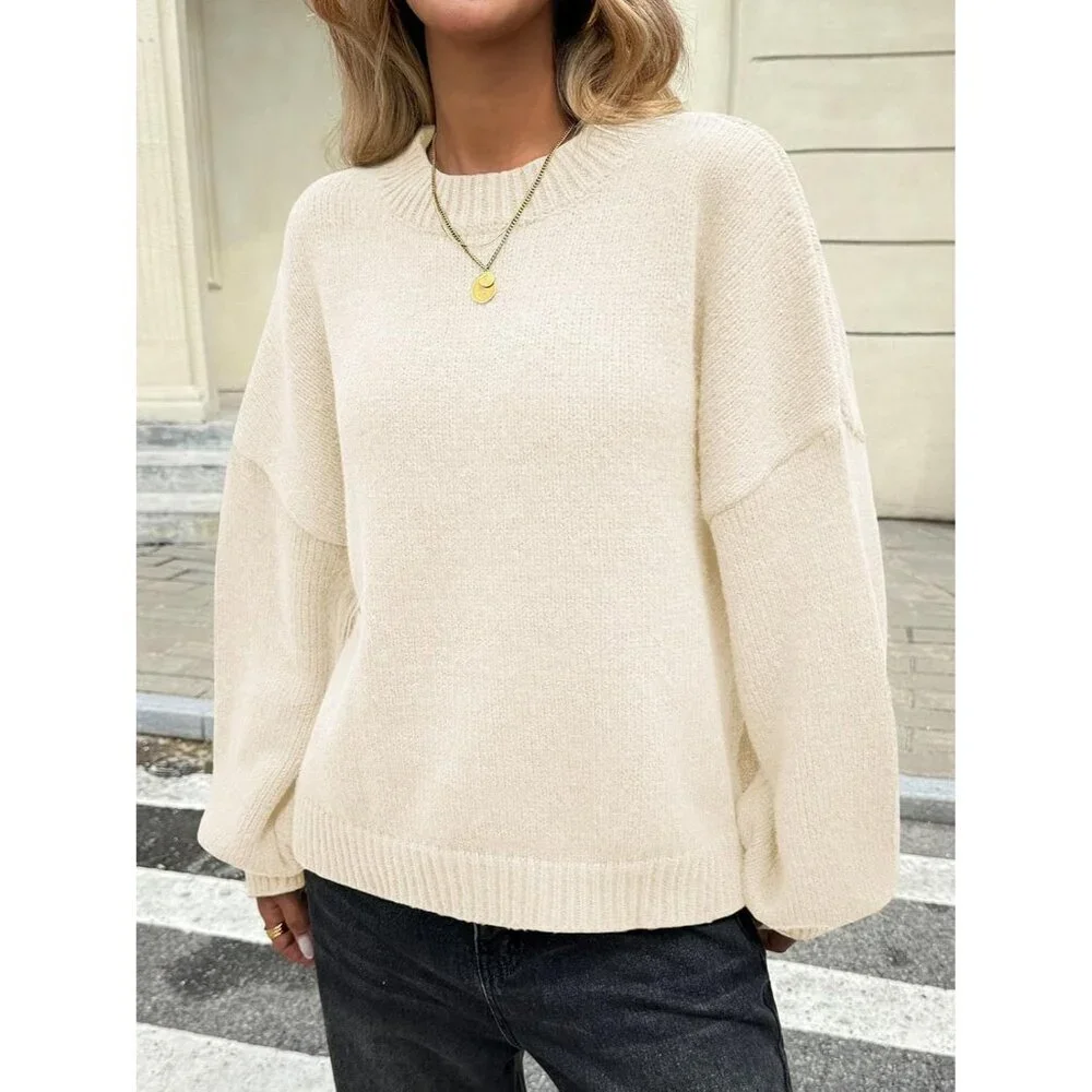 Women’s Oversized Chunky Knit Sweater Lantern Sleeve Mock Neck Casual Top